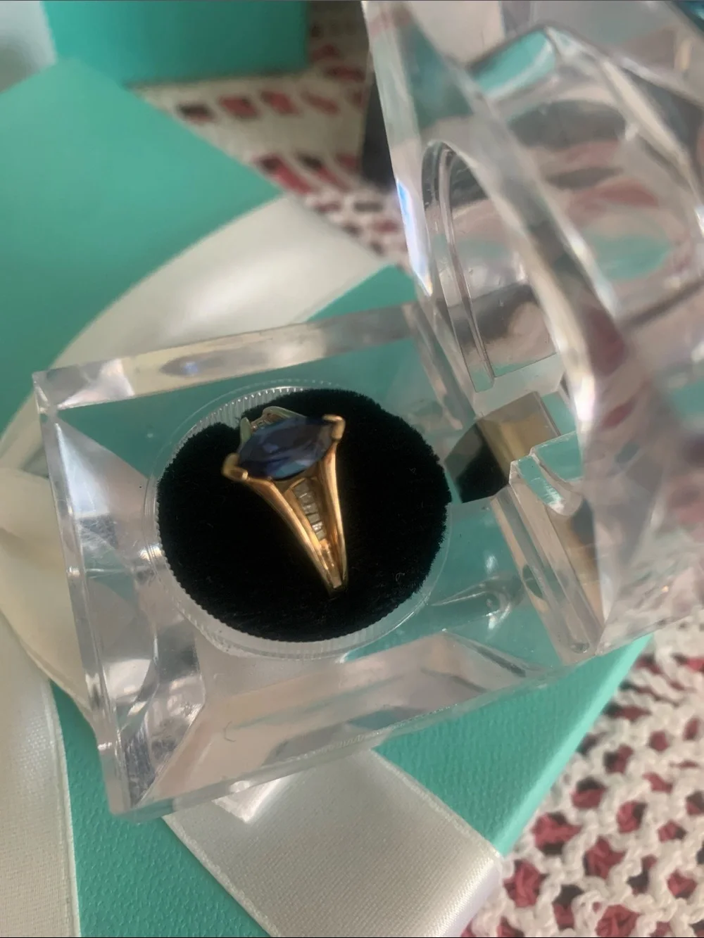 Vintage solid white and yellow gold channel diamonds and sapphire ring